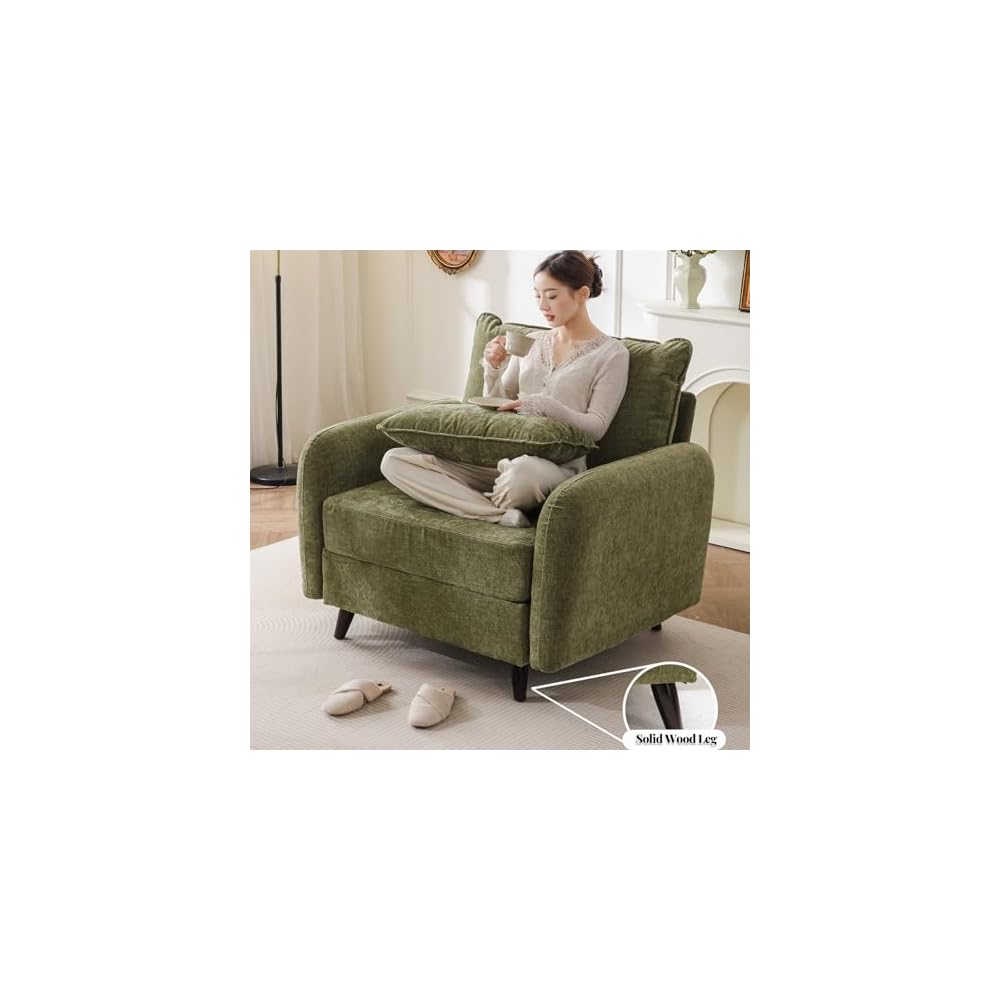 Rexulqo Oversized Accent Chair with All Seats Storage,Comfy Living Room Chairs with 2 Throw Pillow,Upholstered Mid-Century Armchair,24.5'' Deep Seat,Reading Chair for Bedroom,Office,Chenille,Green