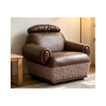 Brown Genuine Leather Accent Chair with Patterned Base and Wood Details