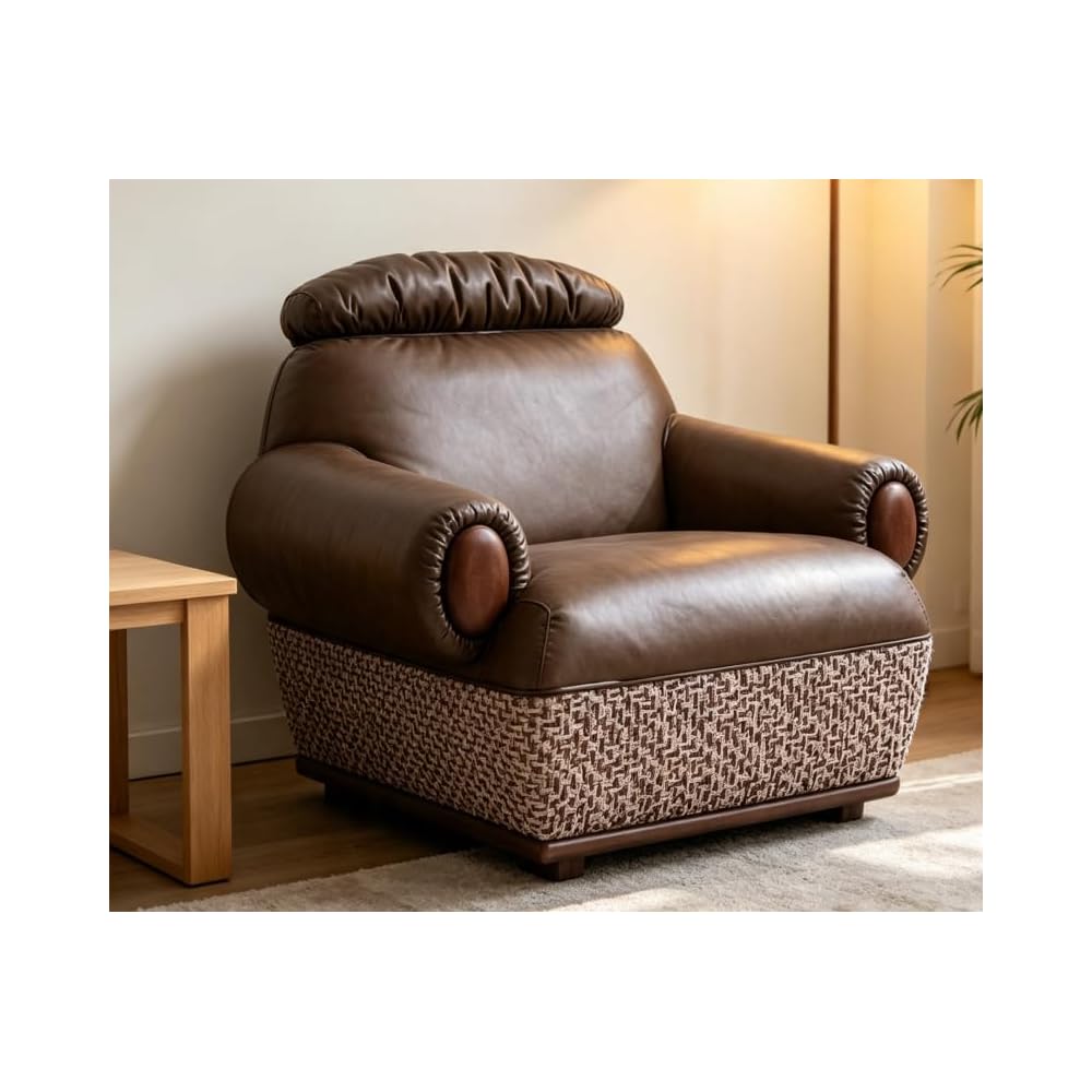 Brown Genuine Leather Accent Chair with Patterned Base and Wood Details