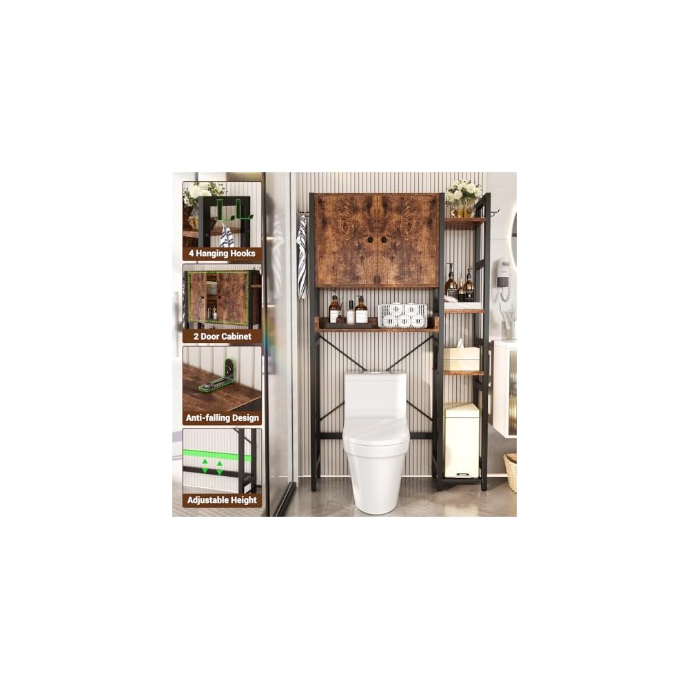 Over The Toilet Storage Cabinet with Doors - 7 Tier Bathroom Organizer with Adjustable Shelf, Freestanding Space Saver Rack Above Toilet Stand with 4 Hooks for Bathroom, Restroom, Laundry, Rustic