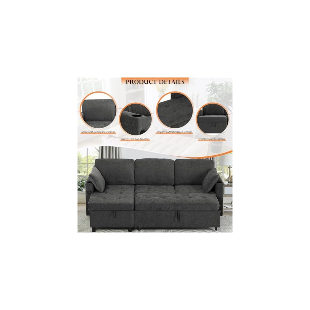 84" Fabric Sleeper Sofa Bed w/Adjustable Backrests, Grey