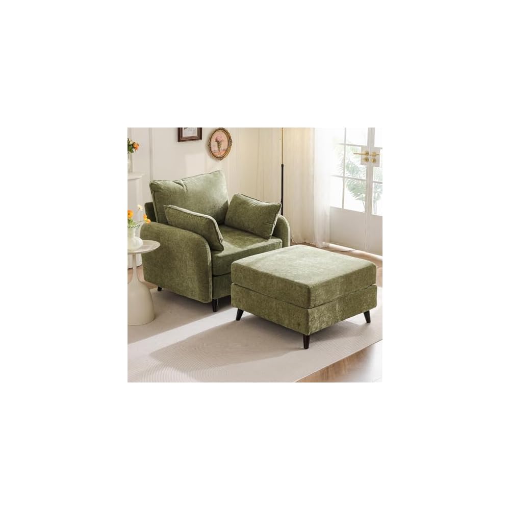 Rexulqo Oversized Accent Chair with All Seats Storage,Comfy Living Room Chairs with 2 Throw Pillow,Upholstered Mid-Century Armchair,24.5'' Deep Seat,Reading Chair for Bedroom,Office,Chenille,Green