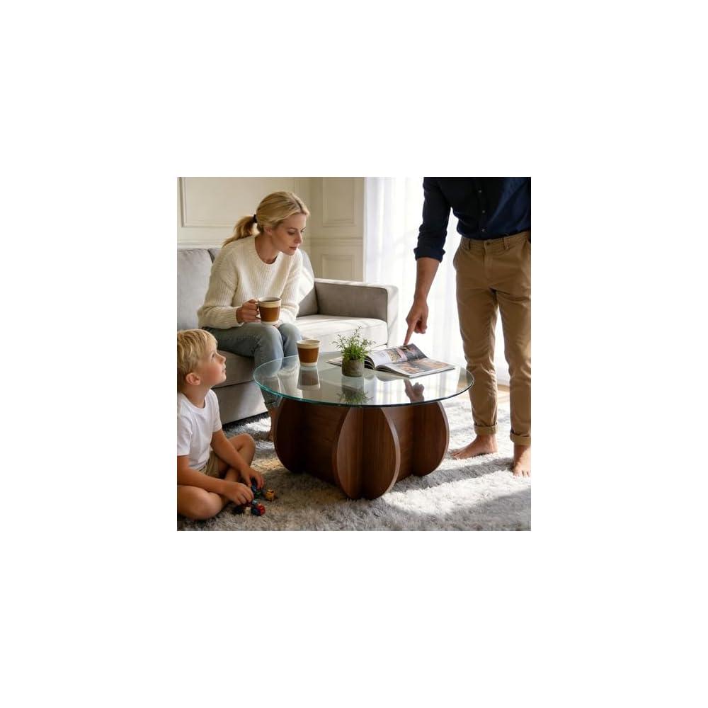 Glass Coffee Tables for Living Room Modern Elegant Round Coffee Table Mid Century Farmhouse Center Table with Solid Wood Frame and Tempered Glass Tabletop, Easy Assembly,31.5''