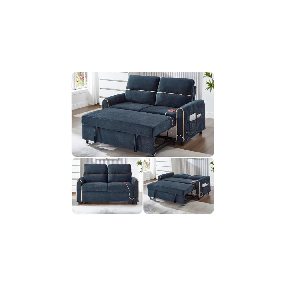 58" Blue Convertible Sofa Bed, Chenille Pull Out Sleeper Couch with Side Pockets and Charging Ports, Pullout Loveseat with Chaise for RV, Living Room, Bedroom, Small Spaces (Blue)