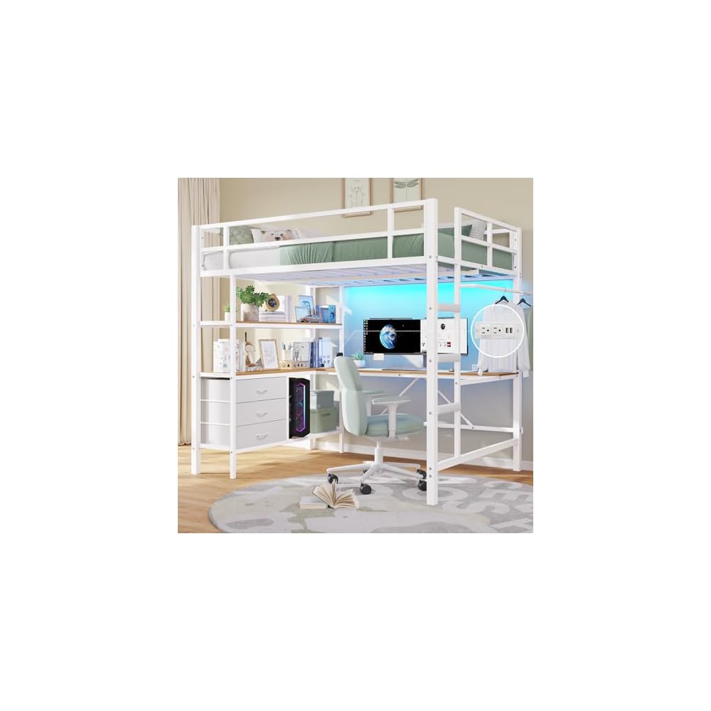 DICTAC Loft Bed Full Size with L-Shaped Desk and 3 Storage Drawers, White
