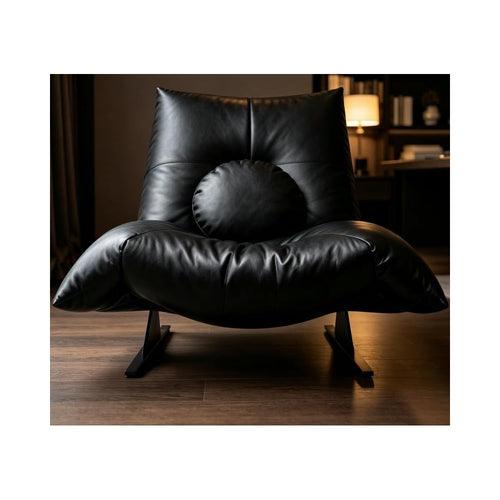 Black Genuine Leather Lounge Chair with Sculptural Metal Base