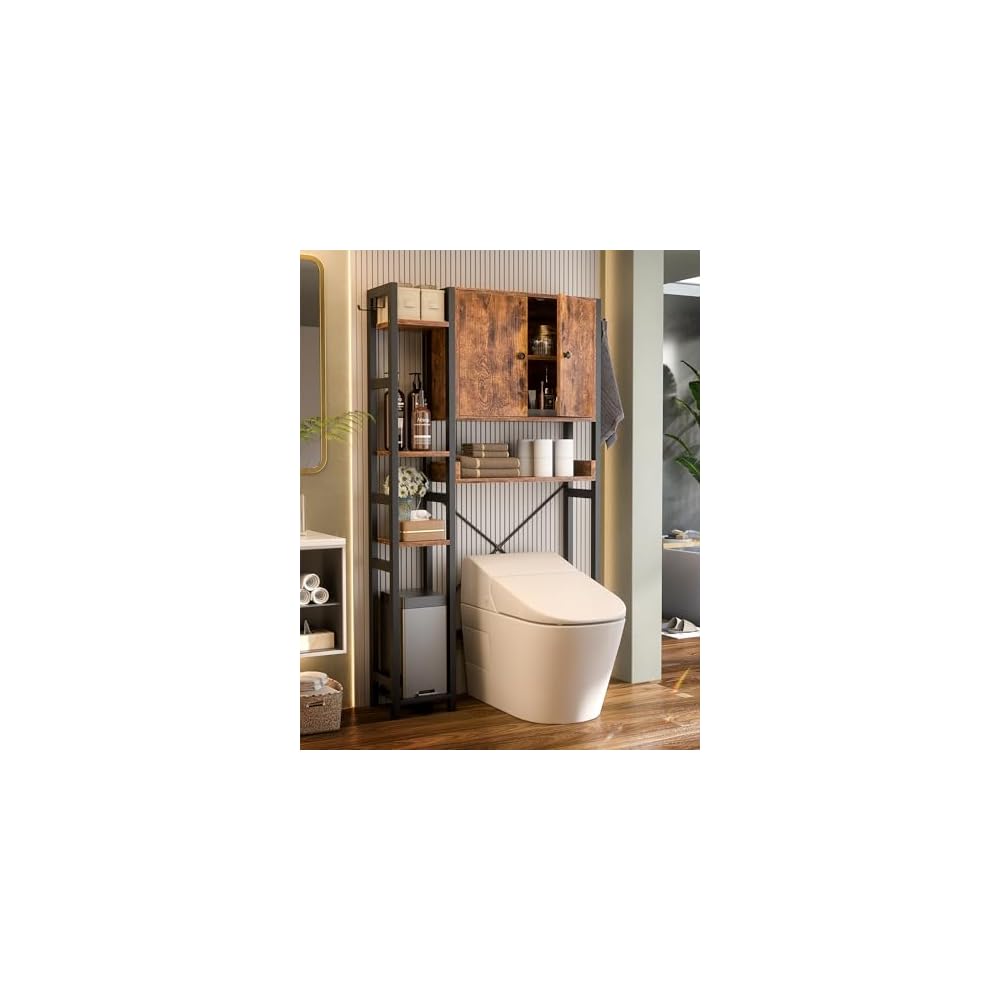 Over The Toilet Storage Cabinet with Doors - 7 Tier Bathroom Organizer with Adjustable Shelf, Freestanding Space Saver Rack Above Toilet Stand with 4 Hooks for Bathroom, Restroom, Laundry, Rustic