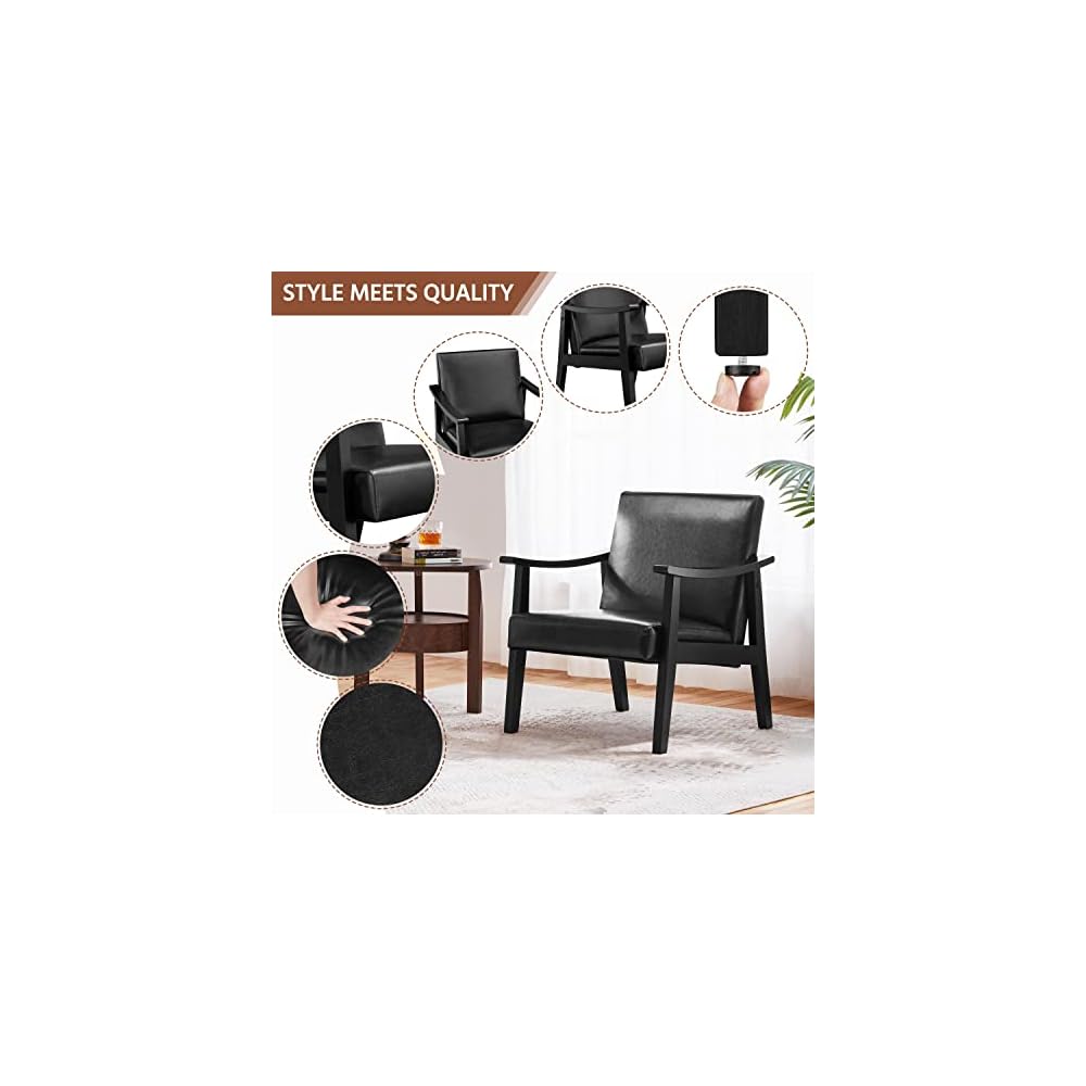 Yaheetech Accent Chairs Set of 2, Mid-Century Faux Leather Armchairs, Black