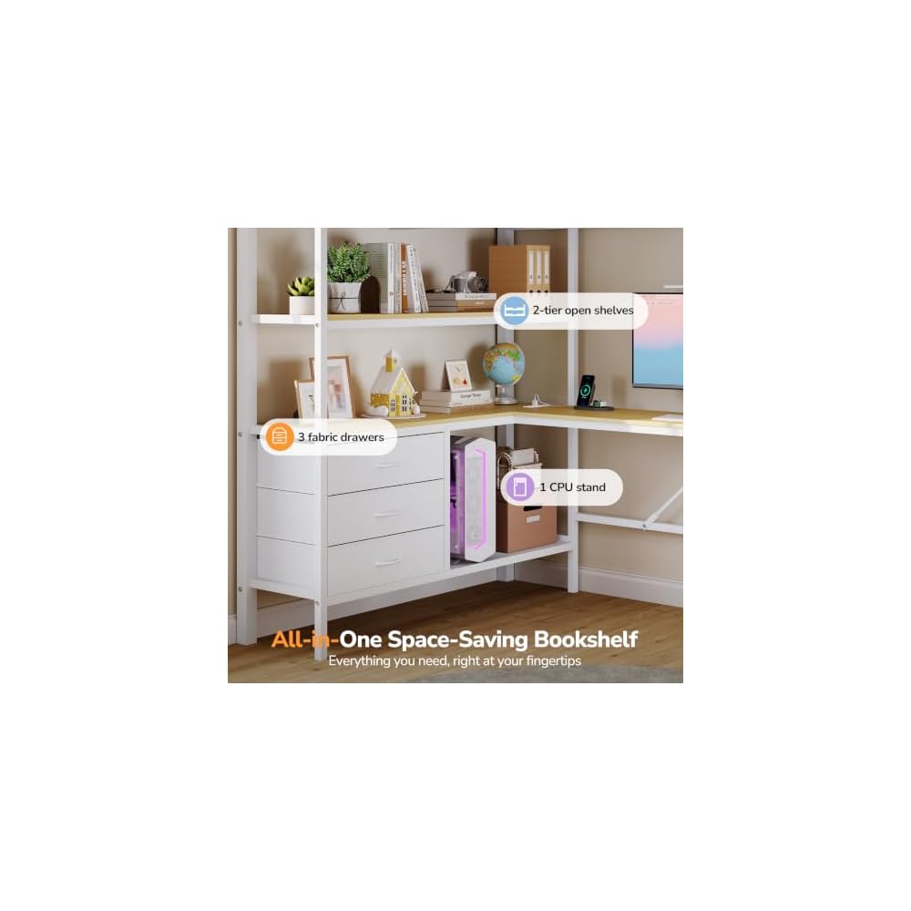 DICTAC Loft Bed Full Size with L-Shaped Desk and 3 Storage Drawers, White