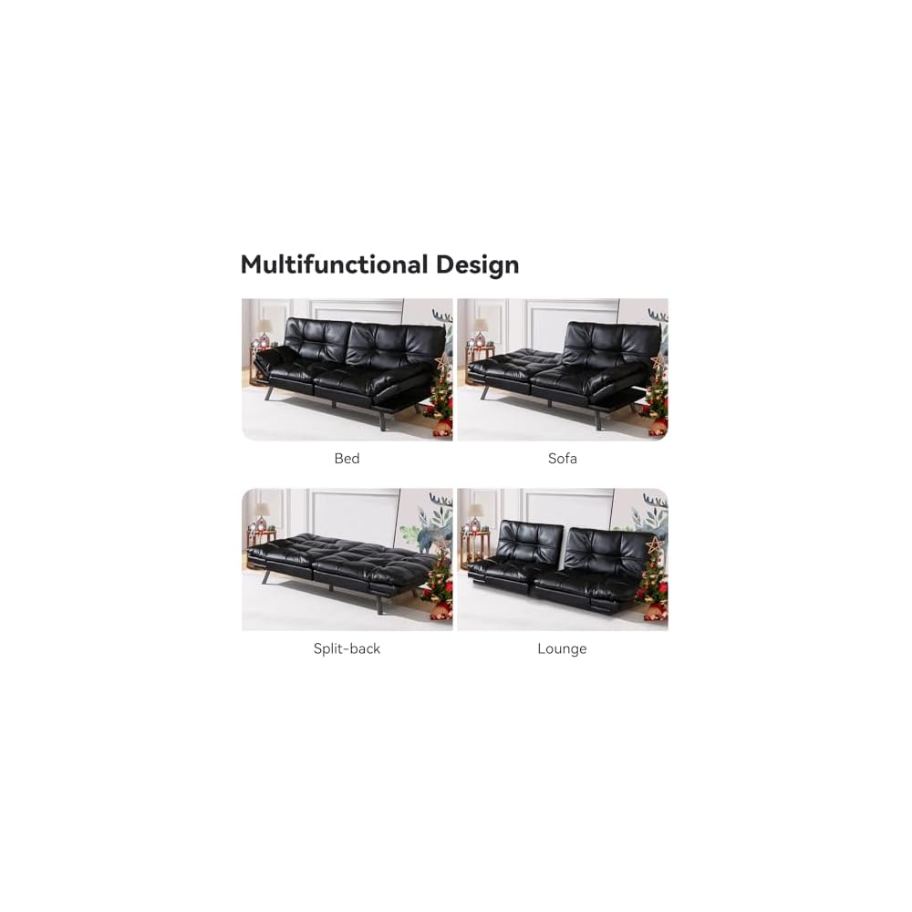 Hcore Multifunctional Futon Sofa Bed,Convertible Sleeper Futon Couch,Memory Foam Loveseat Sofa Bed,Small Splitback Faux Leather Modern Sofa for Living Room,Office,Apartment,Light Black