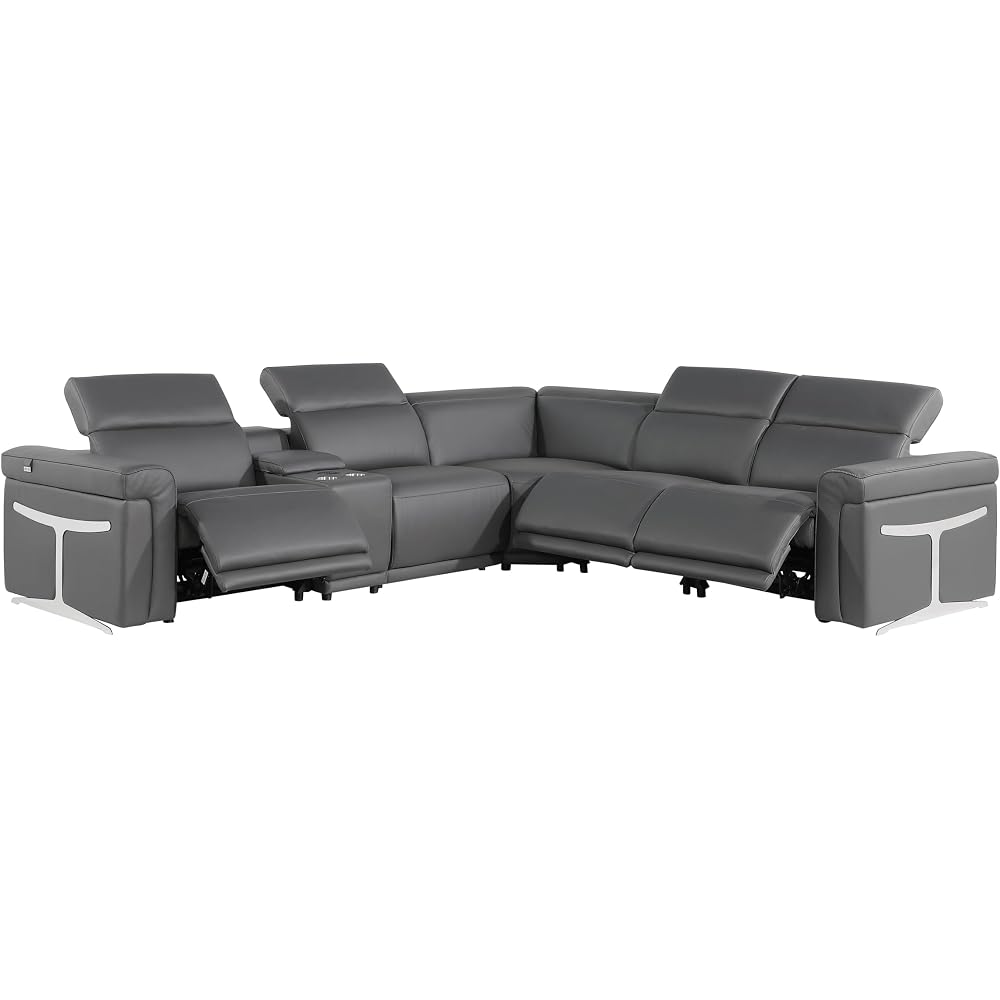 BlackJack Furniture Riccardo 6-Piece Top Grain Italian Leather Sectional Sofa with 3 Power Reclining Couch Seats, USB & Wireless Chargers, Headrests, Cup Holder, and Console Storage, Dark Gray