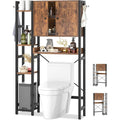 Over The Toilet Storage Cabinet with Doors - 7 Tier Bathroom Organizer with Adjustable Shelf, Freestanding Space Saver Rack Above Toilet Stand with 4 Hooks for Bathroom, Restroom, Laundry, Rustic