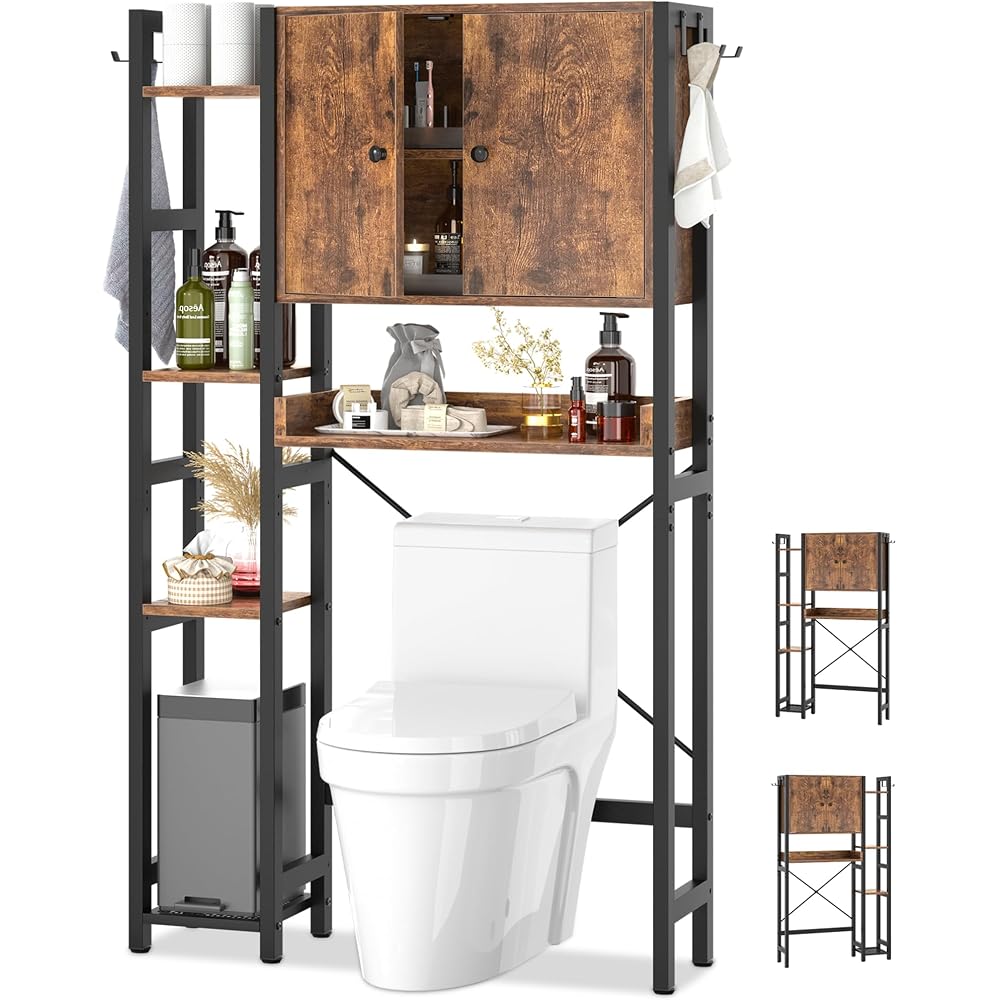 Over The Toilet Storage Cabinet with Doors - 7 Tier Bathroom Organizer with Adjustable Shelf, Freestanding Space Saver Rack Above Toilet Stand with 4 Hooks for Bathroom, Restroom, Laundry, Rustic