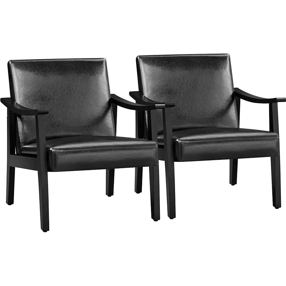 Yaheetech Accent Chairs Set of 2, Mid-Century Faux Leather Armchairs, Black