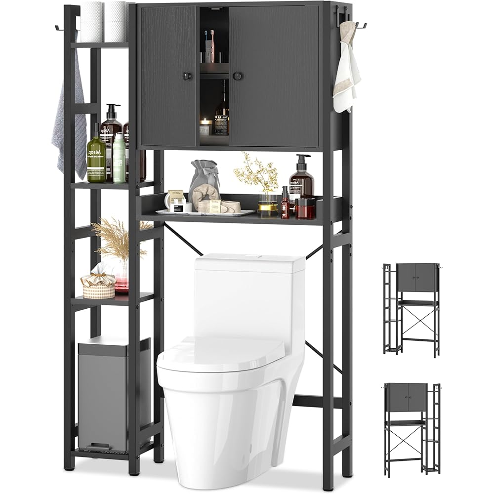 Over The Toilet Storage Cabinet with Doors - 7 Tier Bathroom Organizer with Adjustable Shelf, Freestanding Space Saver Rack Above Toilet Stand with 4 Hooks for Bathroom, Restroom, Laundry, Rustic