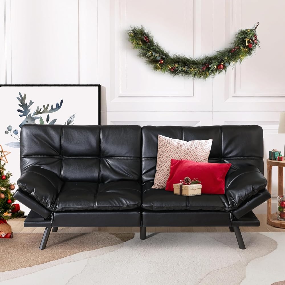 Hcore Multifunctional Futon Sofa Bed,Convertible Sleeper Futon Couch,Memory Foam Loveseat Sofa Bed,Small Splitback Faux Leather Modern Sofa for Living Room,Office,Apartment,Light Black