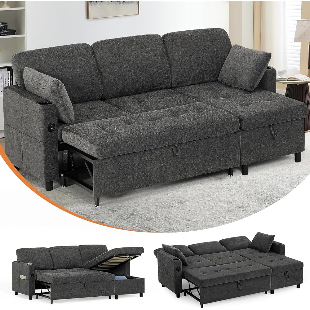 84" Fabric Sleeper Sofa Bed w/Adjustable Backrests, Grey