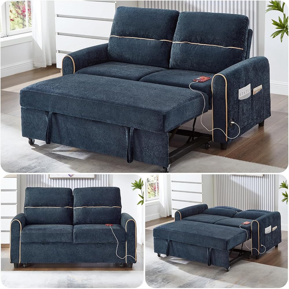 58" Blue Convertible Sofa Bed, Chenille Pull Out Sleeper Couch with Side Pockets and Charging Ports, Pullout Loveseat with Chaise for RV, Living Room, Bedroom, Small Spaces (Blue)