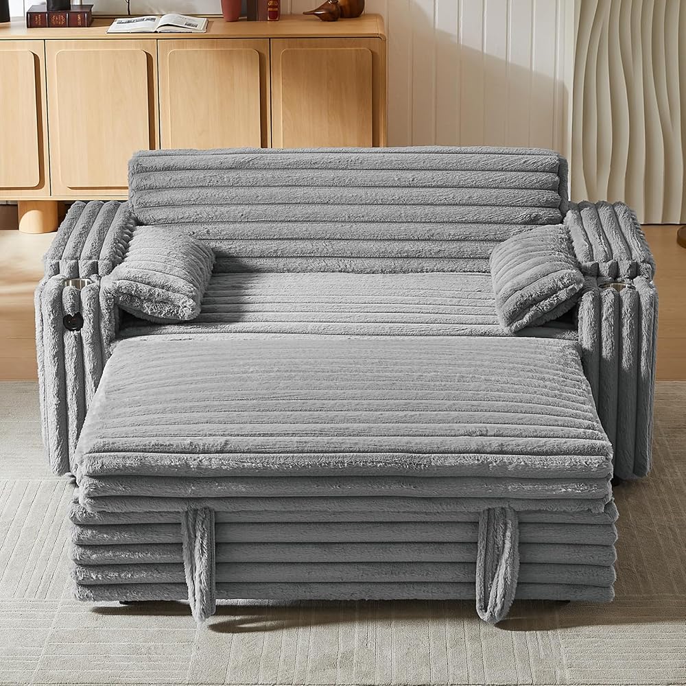 hansones 68" Corduroy Convertible Sofa Bed with USB, Storage Armrests & Pillows – 3-in-1 Foldable Sleeper Chair Floor Couch for Living Room, Bedroom, Guest Room (ZY-1109-Light Gray)